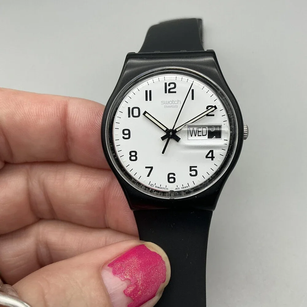 Vintage Swatch Mens Watch 34mm Once Again GB743 Black Day Date Swiss 1999